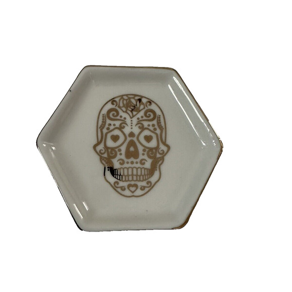 Sugar Skull Trinket Jewelry Dish White and Gold - Picture 1 of 8